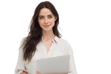 Smiling businesswoman holding a tablet.