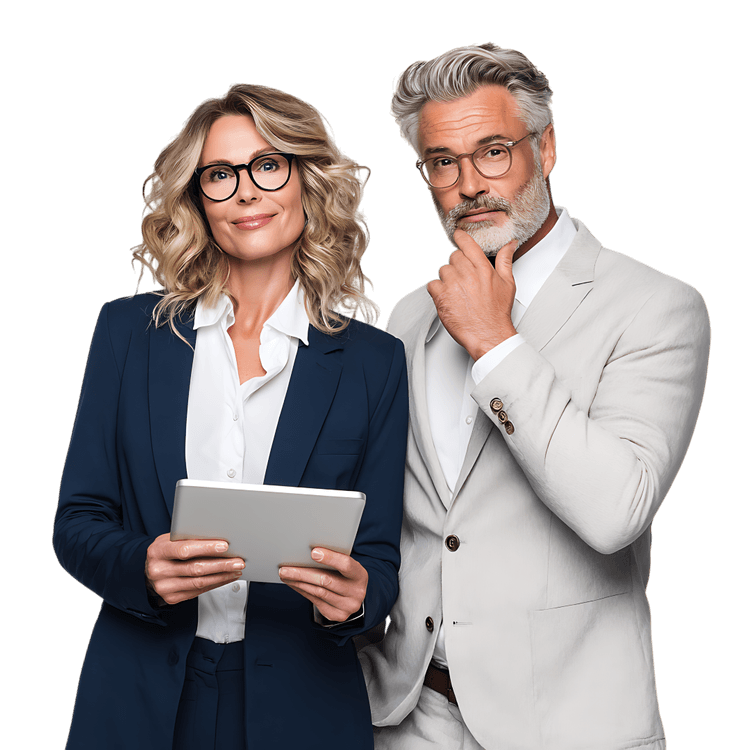 Confident business professionals review a tablet.