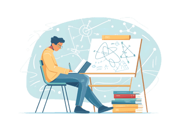 Student studying math with formulas on board