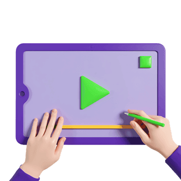 Cartoon hands touching a stylized purple tablet with green play button, illustrating digital interaction